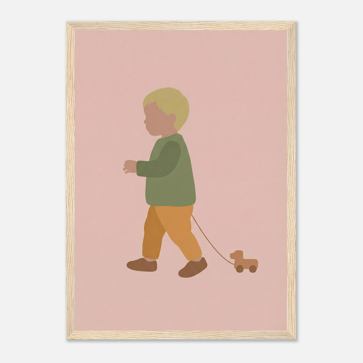 Kunstdruck „Der kleine Weggefährte“: kleiner Junge in Erd- und Olivgrüntönen, Holzrahmen, A3 (29.7 x 42 cm)