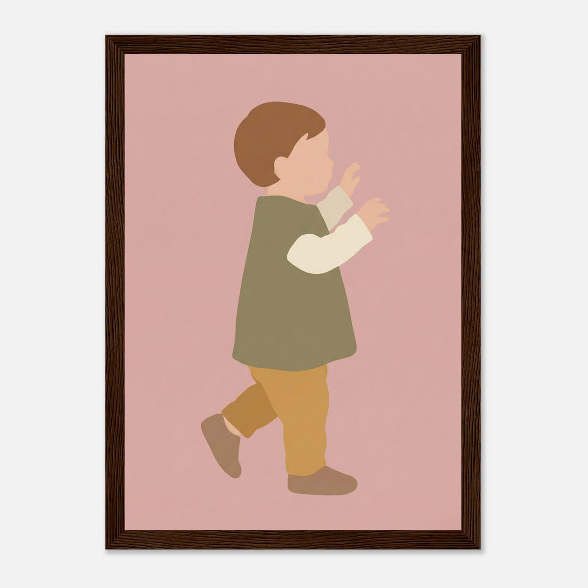 Kinderposter „Erste Schritte“: Kleinkind in Scandi-Erdtönen, dunkler Holzrahmen, 21x29.7 cm