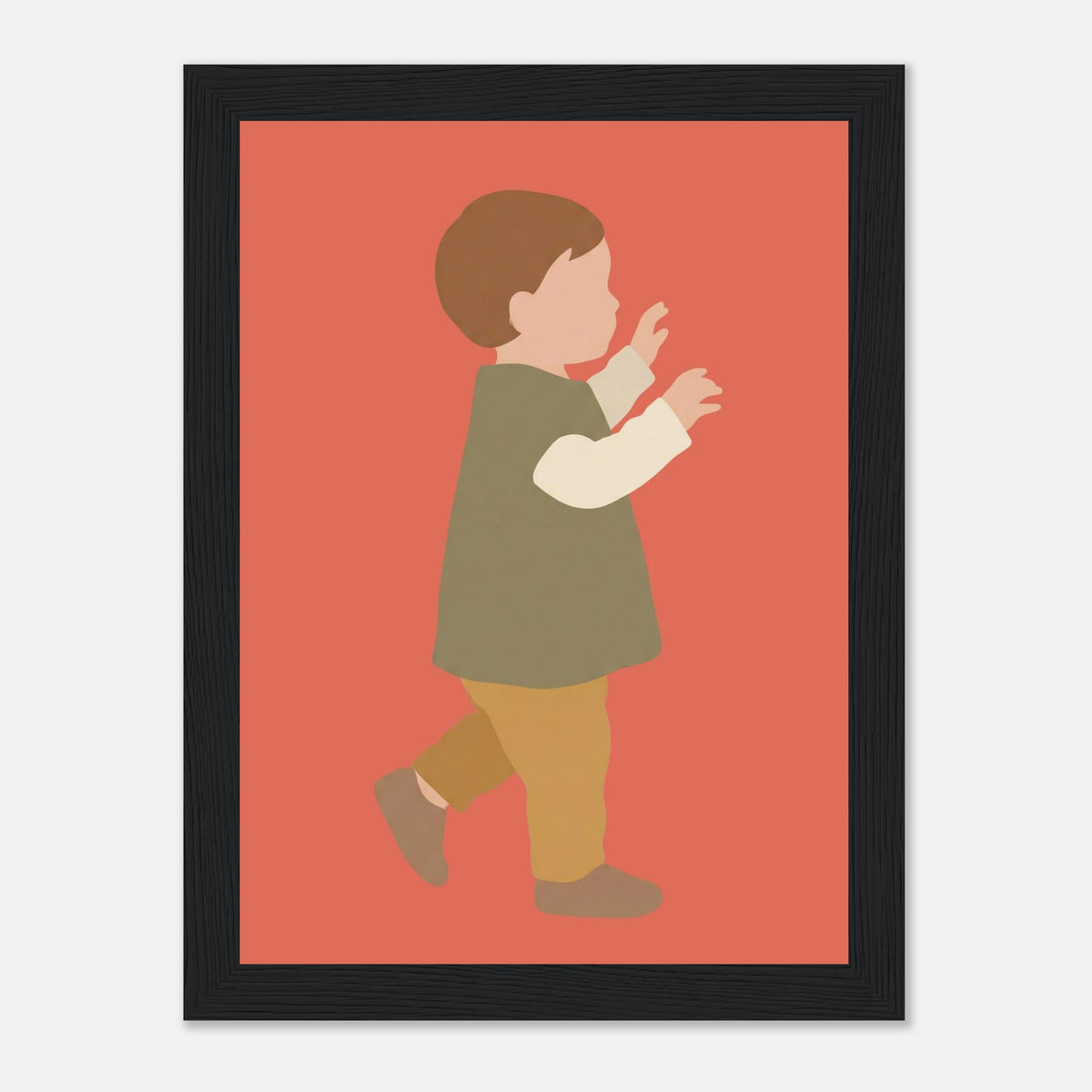 Kinderposter „Erste Schritte“: Kleinkind in Scandi-Erdtönen, schwarzer Rahmen, 13x18 cm