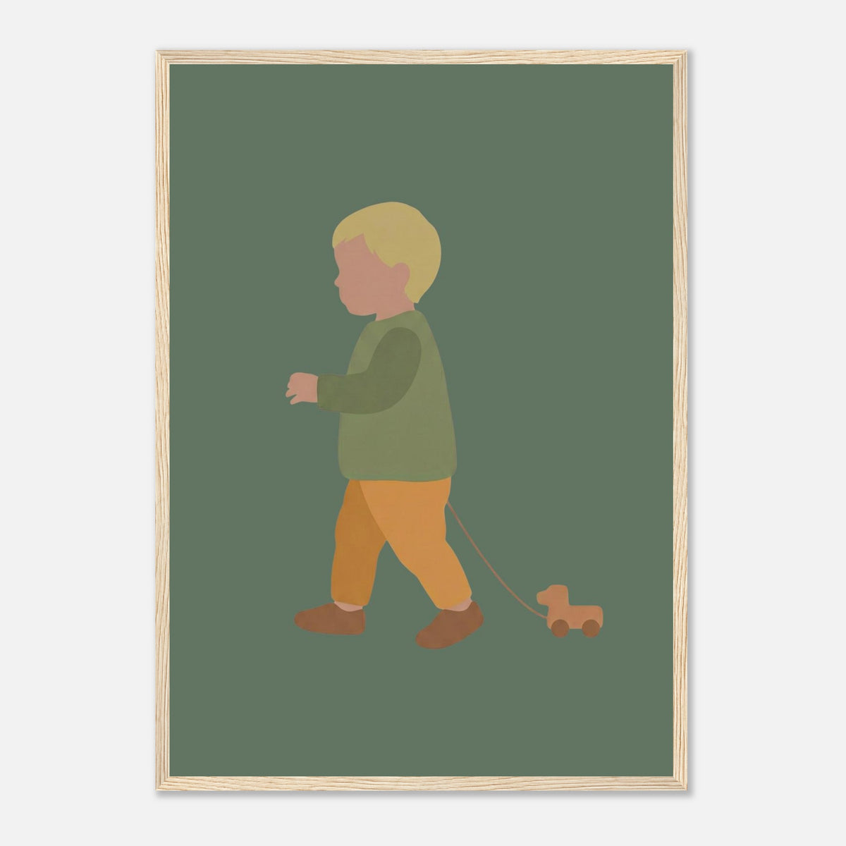 Kunstdruck „Der kleine Weggefährte“: kleiner Junge in Erd- und Olivgrüntönen, Holzrahmen, A2 (42 x 59.4 cm)