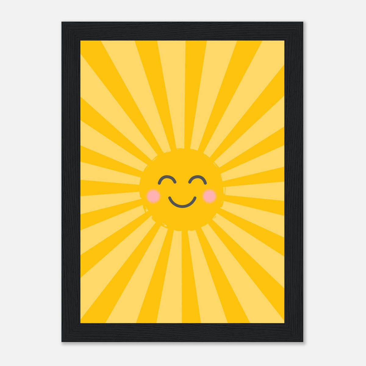 Kinderposter lachende Sonne mit Strahlenkranz in warmen Gelbtönen, schwarzer Rahmen, 13x18 cm