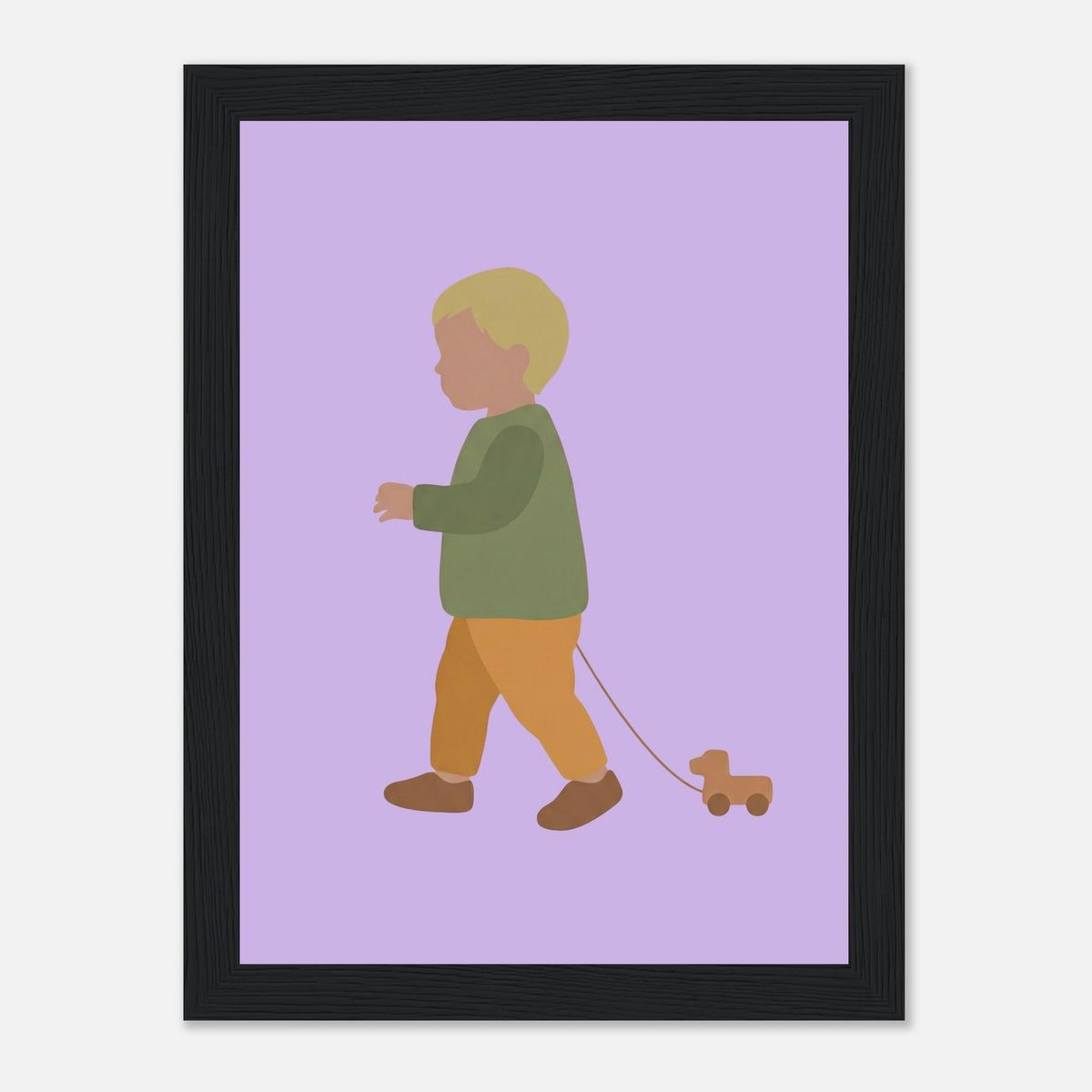 Kunstdruck „Der kleine Weggefährte“: kleiner Junge in Erd- und Olivgrüntönen, schwarzer Rahmen, 13x18 cm