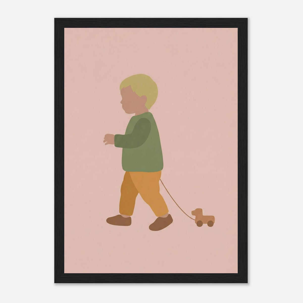 Kunstdruck „Der kleine Weggefährte“: kleiner Junge in Erd- und Olivgrüntönen, schwarzer Rahmen, 21x29.7 cm