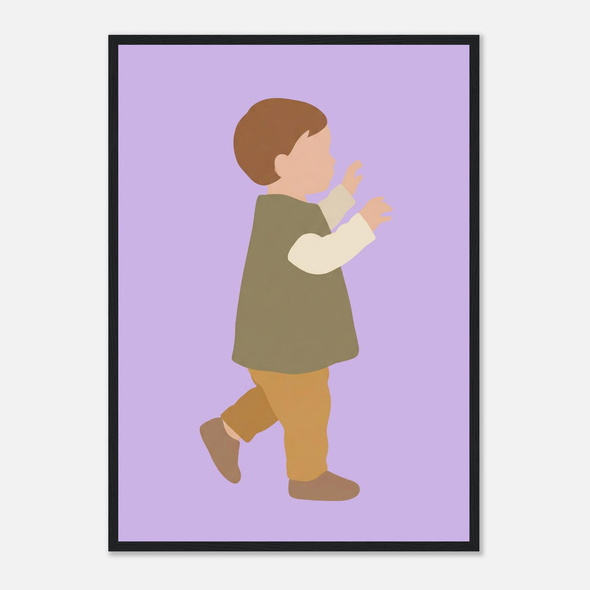 Kinderposter „Erste Schritte“: Kleinkind in Scandi-Erdtönen, schwarzer Rahmen, A2 (42 x 59.4 cm)