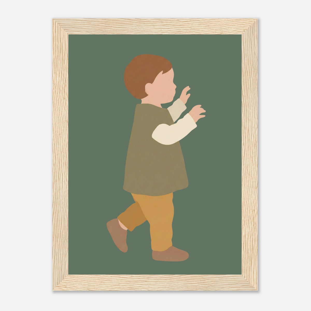 Kinderposter „Erste Schritte“: Kleinkind in Scandi-Erdtönen, Holzrahmen, 13x18 cm