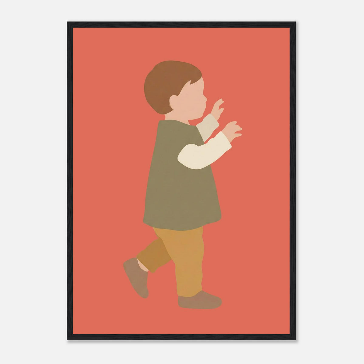 Kinderposter „Erste Schritte“: Kleinkind in Scandi-Erdtönen, schwarzer Rahmen, A2 (42 x 59.4 cm)