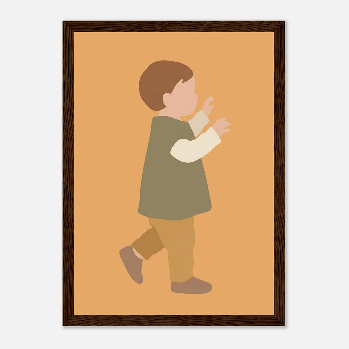 Kinderposter „Erste Schritte“: Kleinkind in Scandi-Erdtönen, dunkler Holzrahmen, 21x29.7 cm