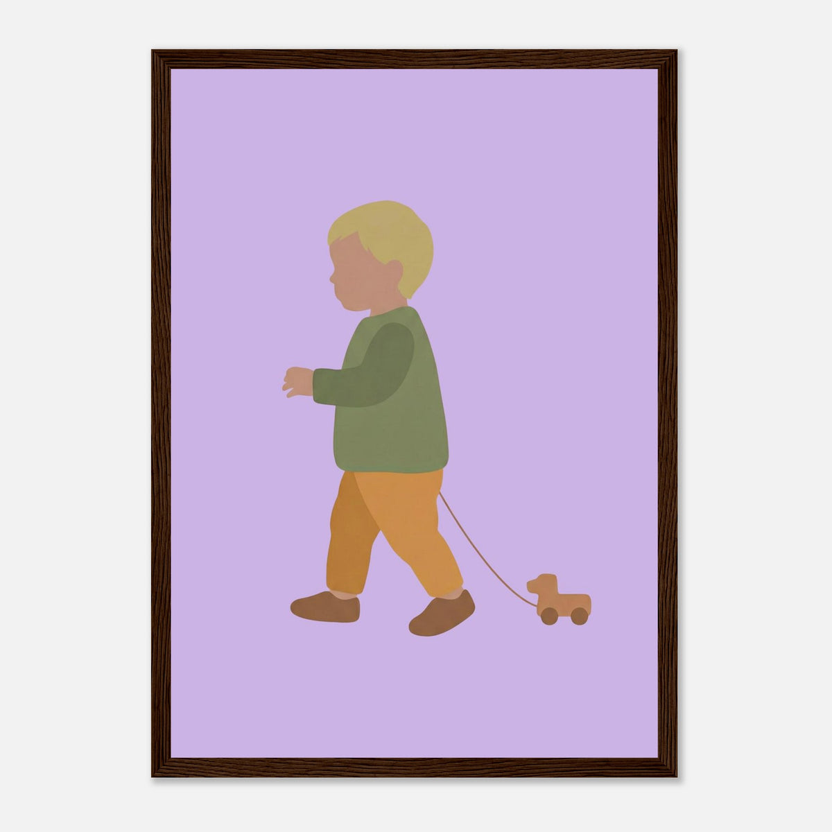 Kunstdruck „Der kleine Weggefährte“: kleiner Junge in Erd- und Olivgrüntönen, dunkler Holzrahmen, A3 (29.7 x 42 cm)