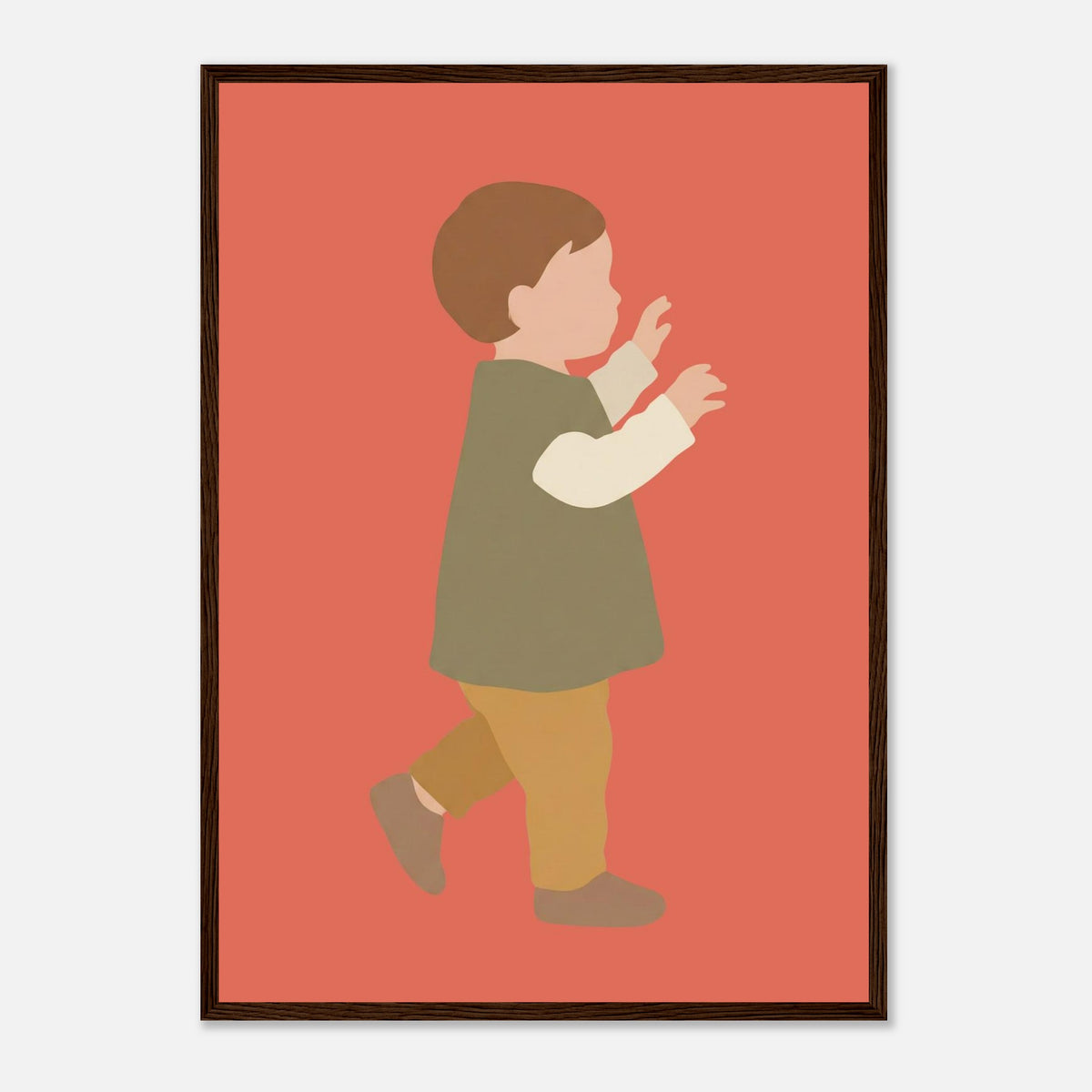 Kinderposter „Erste Schritte“: Kleinkind in Scandi-Erdtönen, dunkler Holzrahmen, A2 (42 x 59.4 cm)