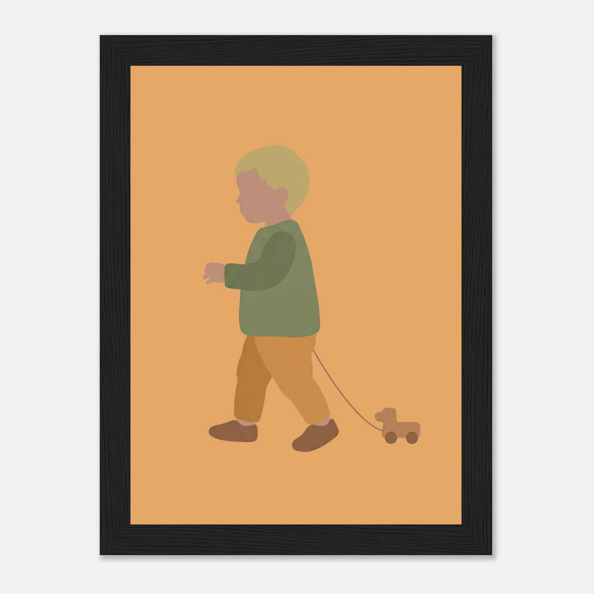 Kunstdruck „Der kleine Weggefährte“: kleiner Junge in Erd- und Olivgrüntönen, schwarzer Rahmen, 13x18 cm