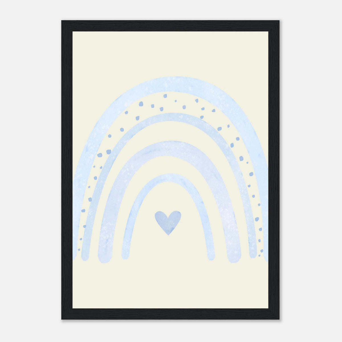 Minimalistischer Regenbogen-Kunstdruck in sanften Blautönen, schwarzer Rahmen, 21x29.7 cm