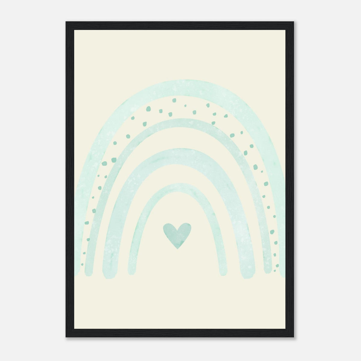 Minimalistischer Regenbogen-Kunstdruck in sanften Blautönen, schwarzer Rahmen, A3 (29.7 x 42 cm)