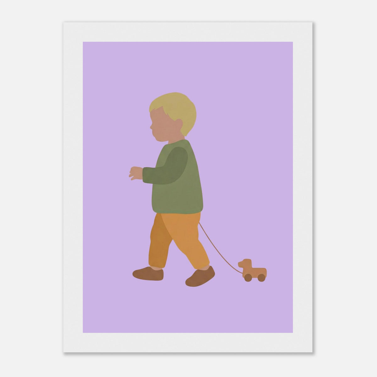 Kunstdruck „Der kleine Weggefährte“: kleiner Junge in Erd- und Olivgrüntönen, weißer Rahmen, 13x18 cm