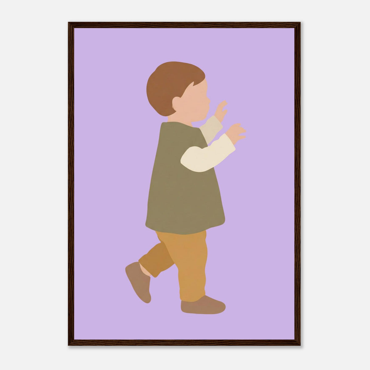 Kinderposter „Erste Schritte“: Kleinkind in Scandi-Erdtönen, dunkler Holzrahmen, A2 (42 x 59.4 cm)