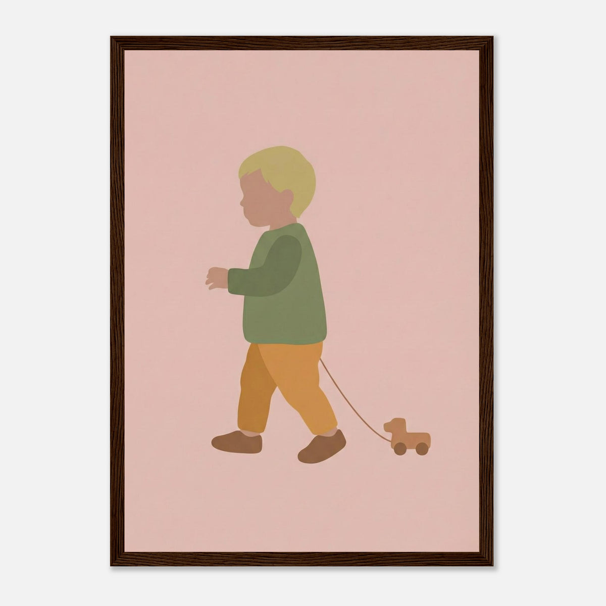 Kunstdruck „Der kleine Weggefährte“: kleiner Junge in Erd- und Olivgrüntönen, dunkler Holzrahmen, A3 (29.7 x 42 cm)
