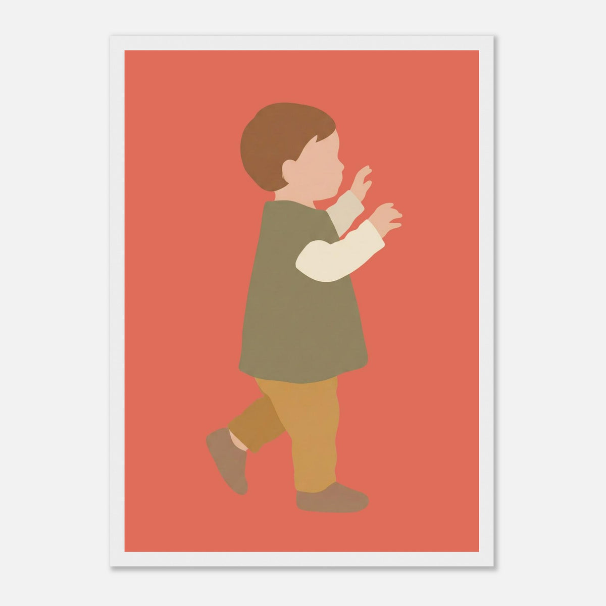 Kinderposter „Erste Schritte“: Kleinkind in Scandi-Erdtönen, weißer Rahmen, A3 (29.7 x 42 cm)