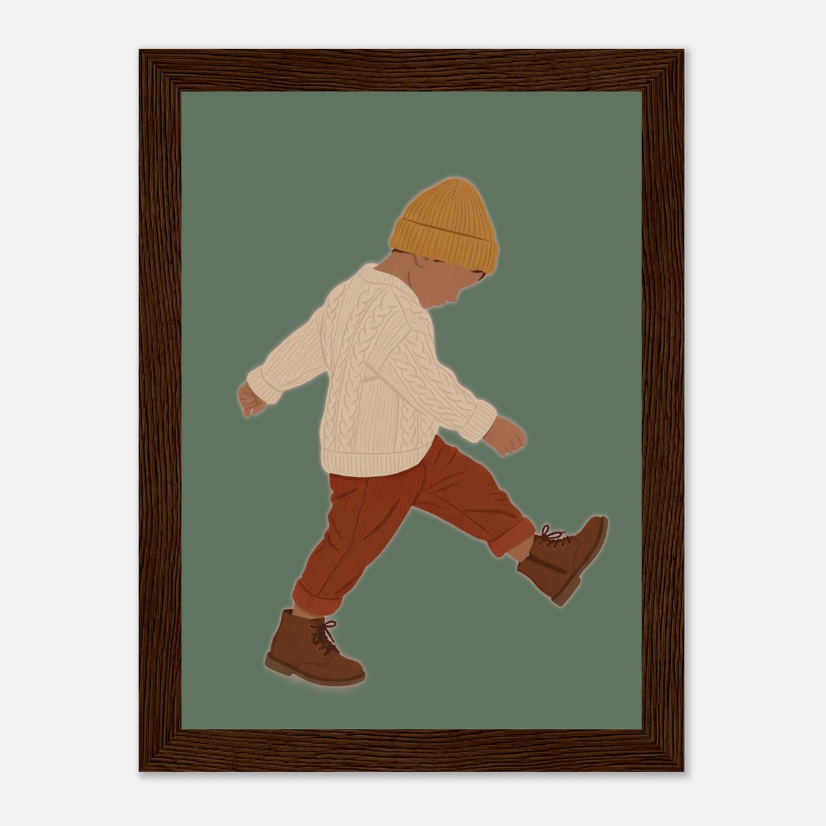 Boho-Kunstdruck „Der kleine Erkunder“: Kleinkind in Erdtönen, dunkler Holzrahmen, 13x18 cm