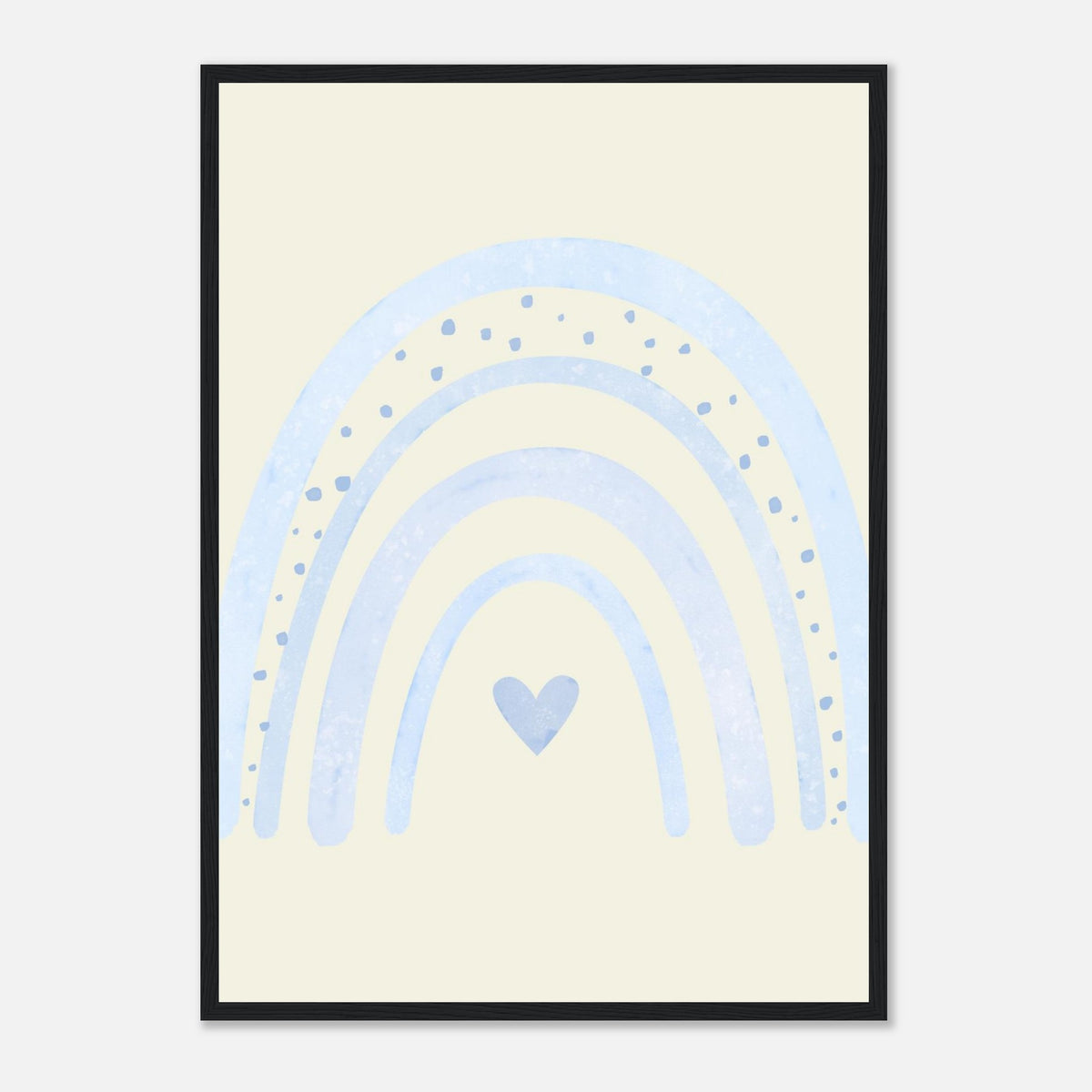 Minimalistischer Regenbogen-Kunstdruck in sanften Blautönen, schwarzer Rahmen, A2 (42 x 59.4 cm)