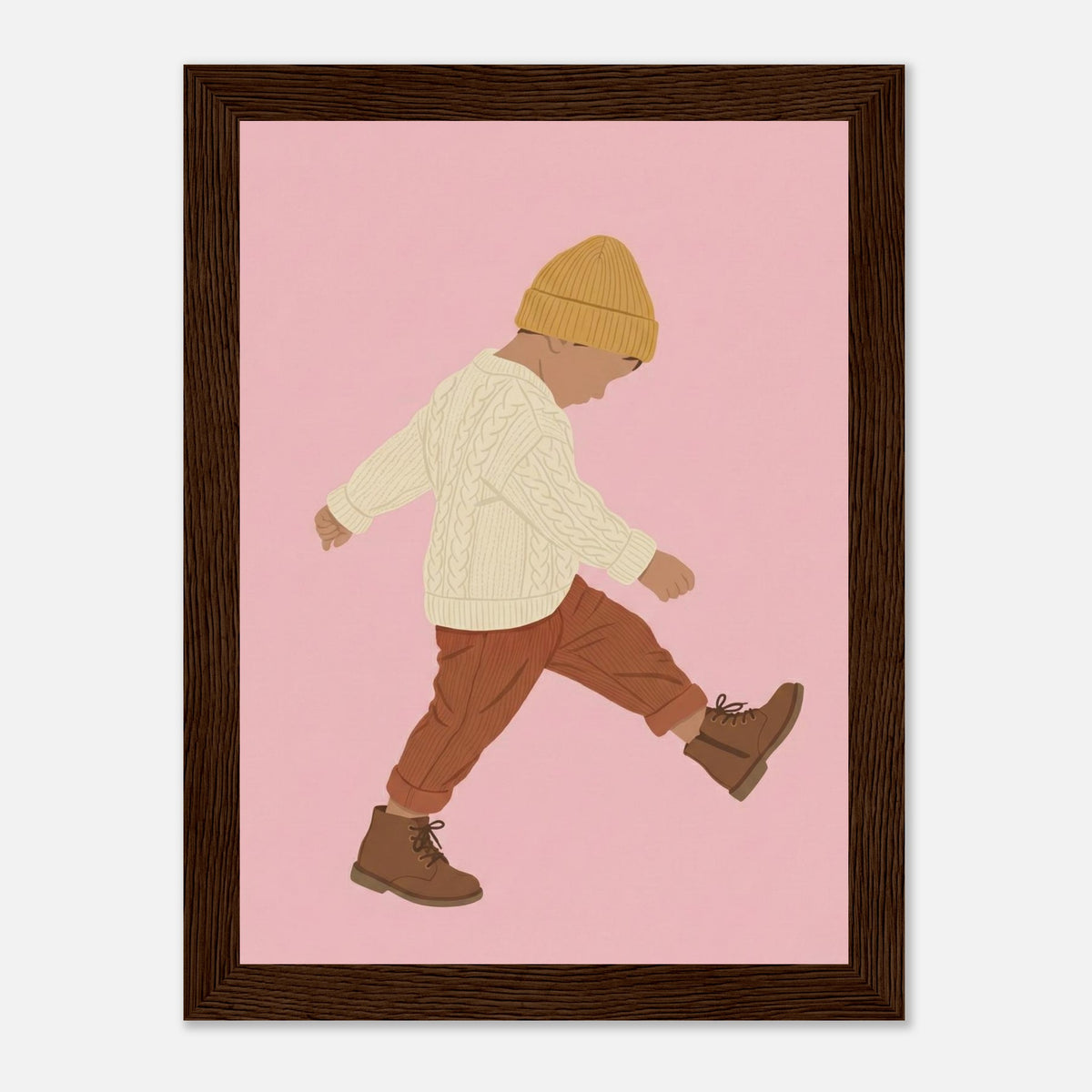 Boho-Kunstdruck „Der kleine Erkunder“: Kleinkind in Erdtönen, dunkler Holzrahmen, 13x18 cm
