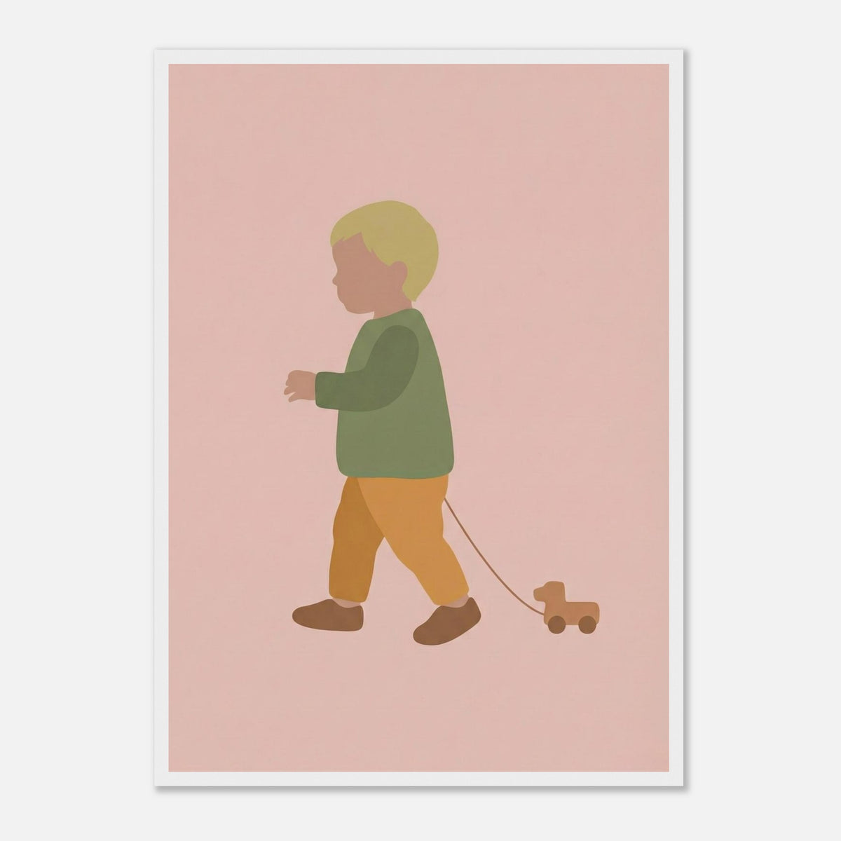 Kunstdruck „Der kleine Weggefährte“: kleiner Junge in Erd- und Olivgrüntönen, weißer Rahmen, A2 (42 x 59.4 cm)