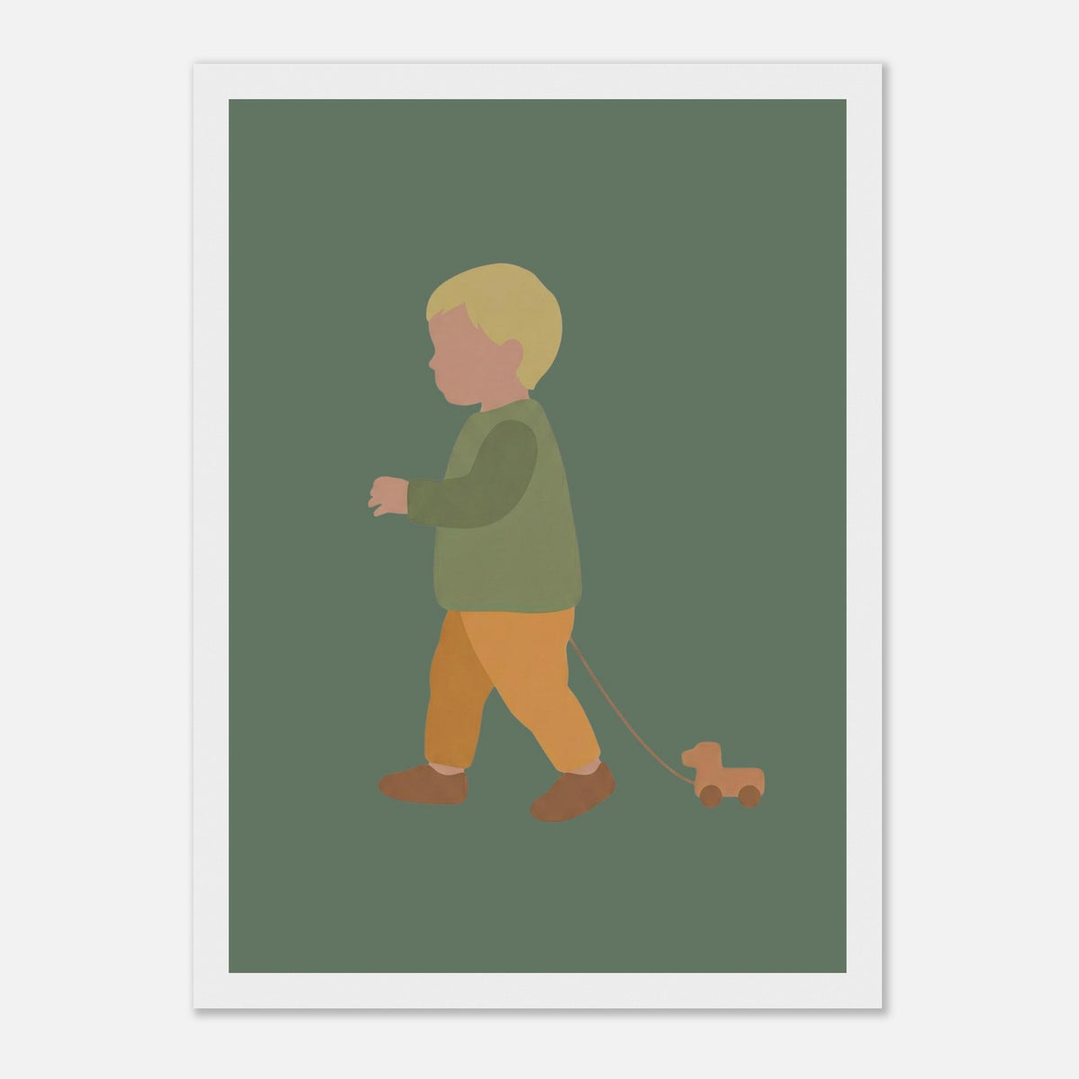 Kunstdruck „Der kleine Weggefährte“: kleiner Junge in Erd- und Olivgrüntönen, weißer Rahmen, 21x29.7 cm