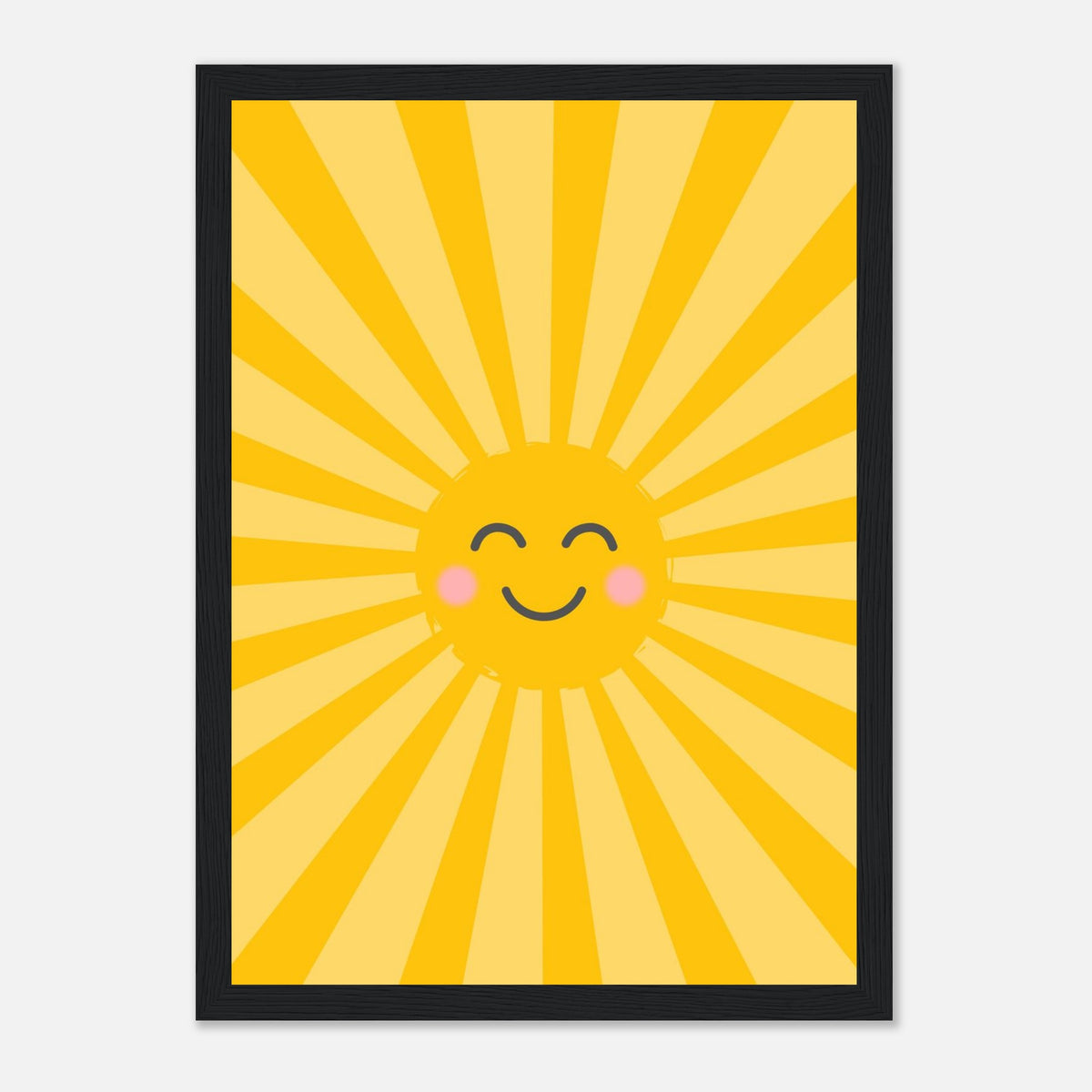 Kinderposter lachende Sonne mit Strahlenkranz in warmen Gelbtönen, schwarzer Rahmen, 21x29.7 cm