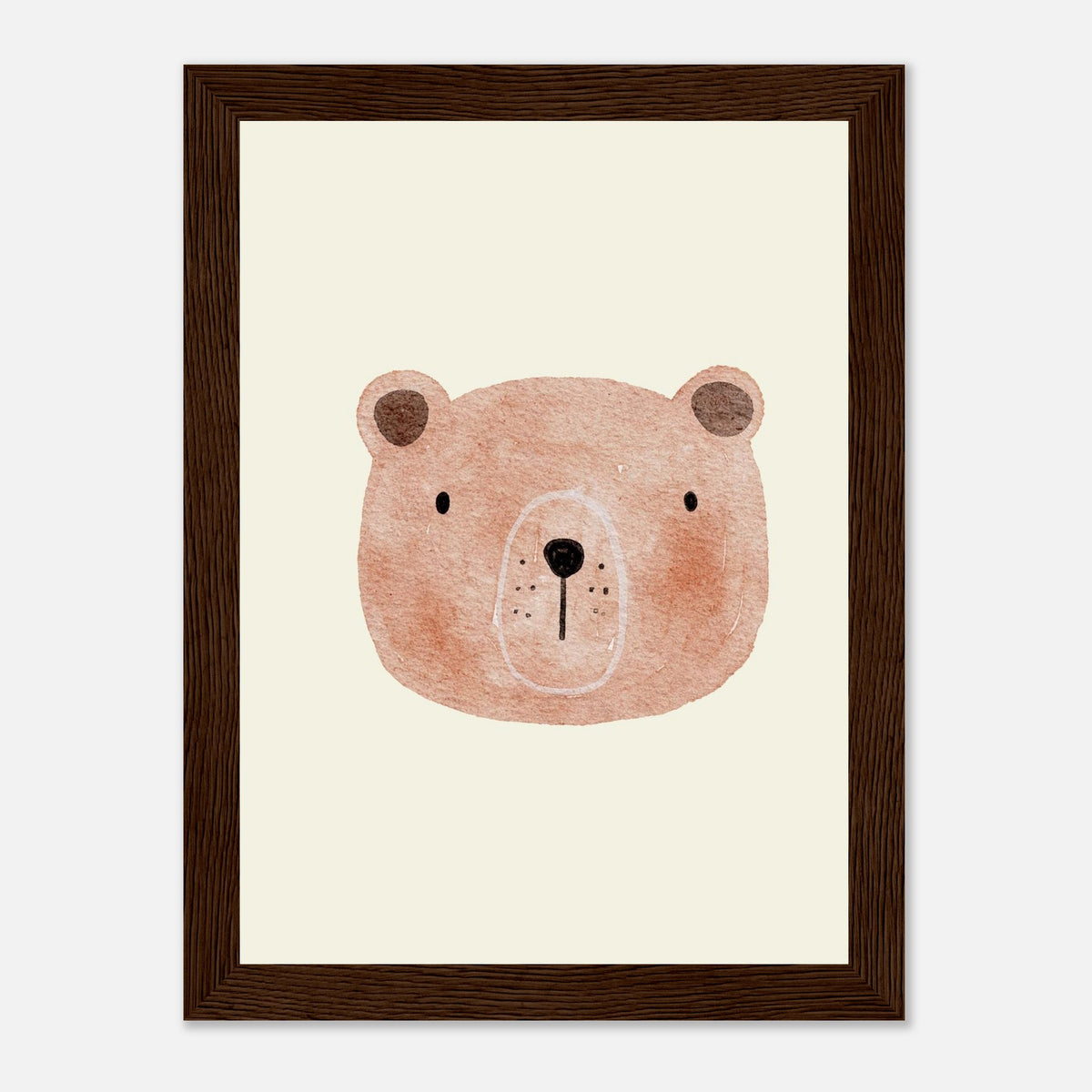 Aquarell-Bär in Braun- und Beigetönen fürs Kinderzimmer, dunkler Holzrahmen, 13x18 cm