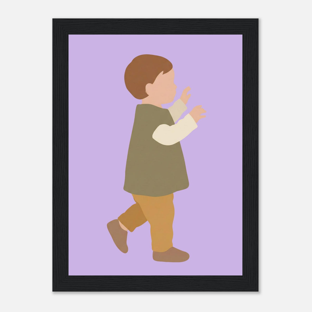 Kinderposter „Erste Schritte“: Kleinkind in Scandi-Erdtönen, schwarzer Rahmen, 13x18 cm