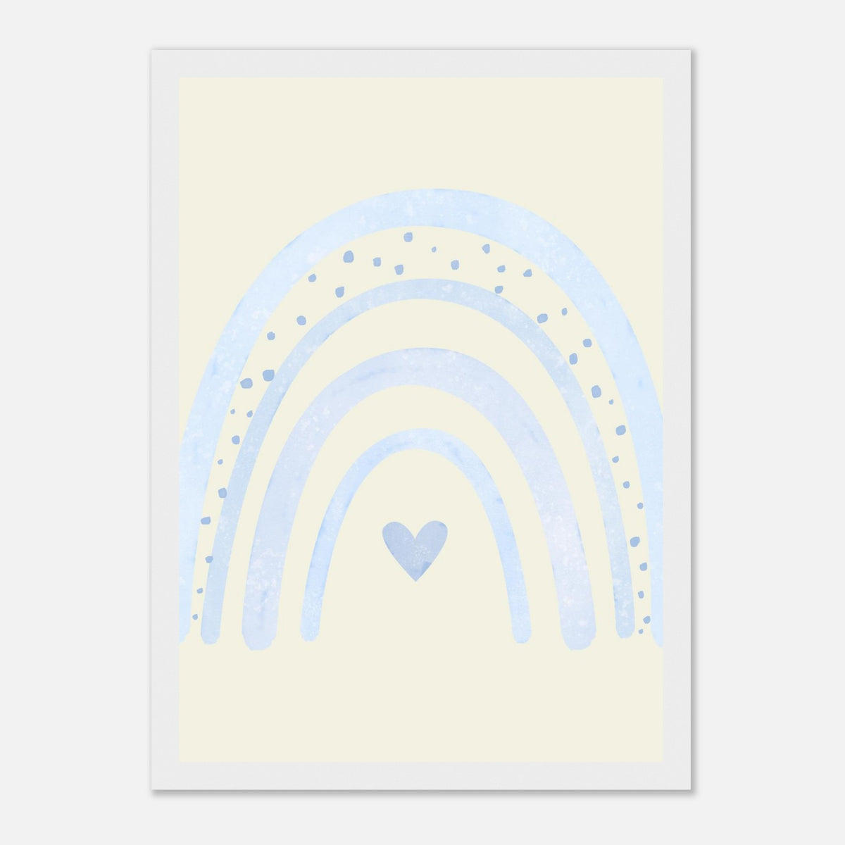 Minimalistischer Regenbogen-Kunstdruck in sanften Blautönen, weißer Rahmen, 21x29.7 cm