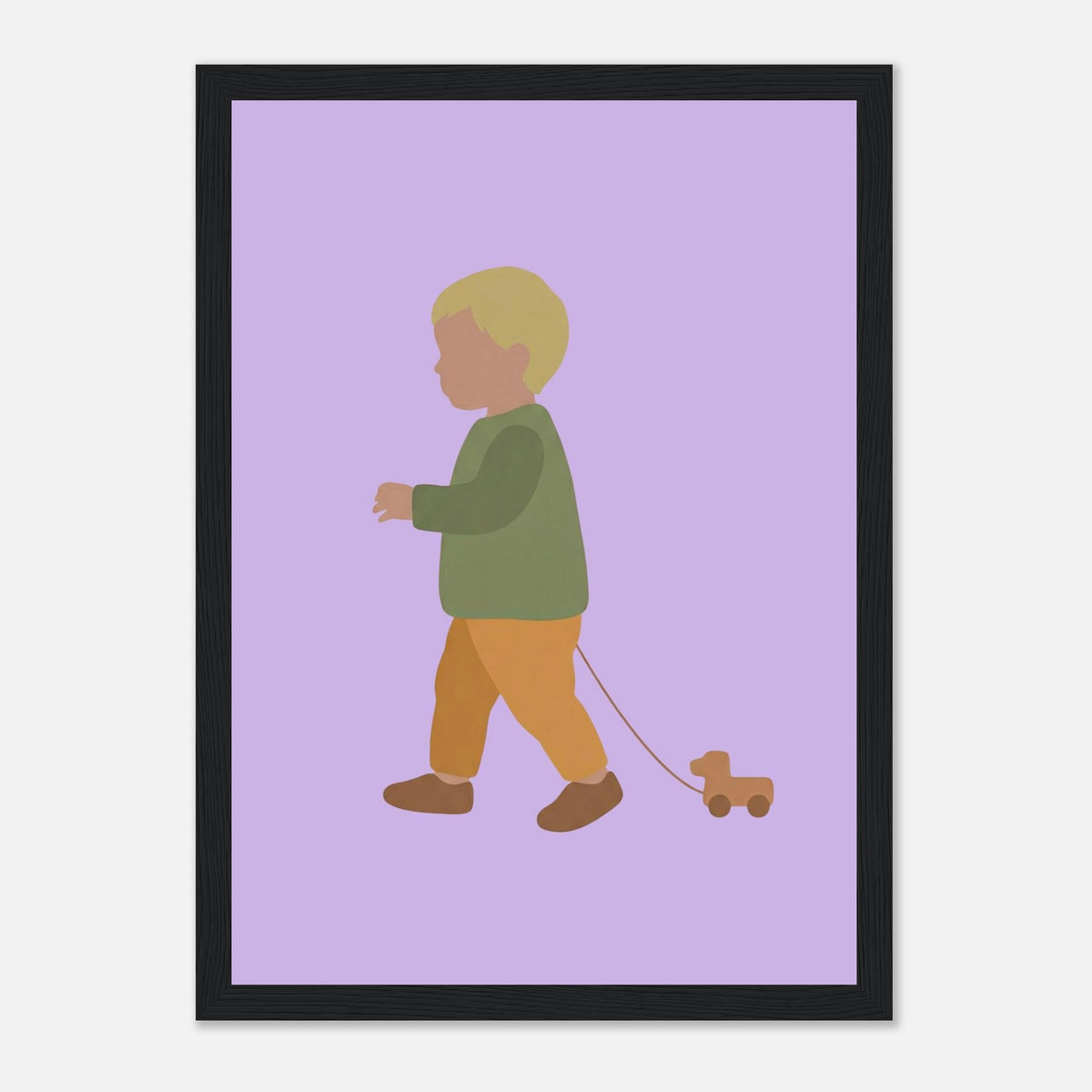 Kunstdruck „Der kleine Weggefährte“: kleiner Junge in Erd- und Olivgrüntönen, schwarzer Rahmen, 21x29.7 cm