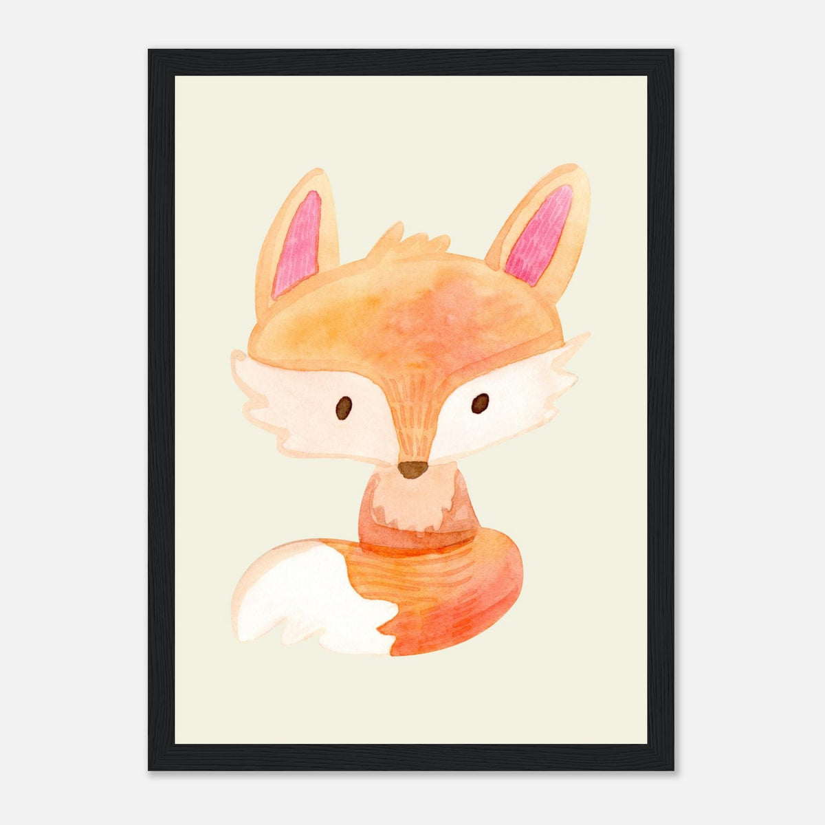 Aquarell-Fuchs in Orange und Pfirsich fürs Kinderzimmer, schwarzer Rahmen, 21x29.7 cm