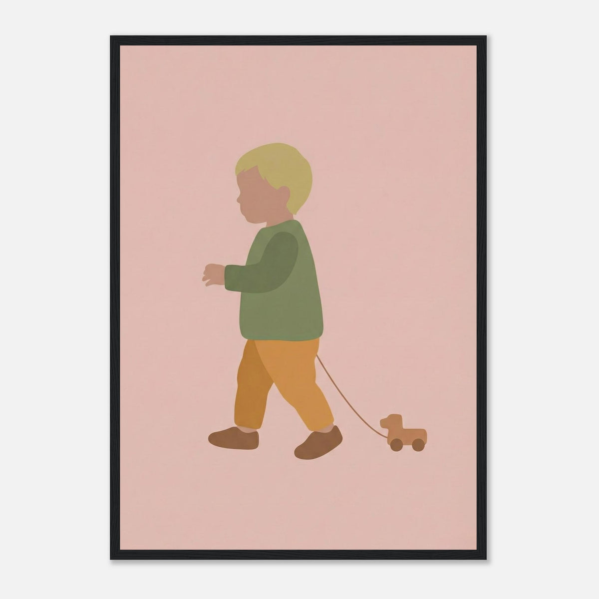 Kunstdruck „Der kleine Weggefährte“: kleiner Junge in Erd- und Olivgrüntönen, schwarzer Rahmen, A2 (42 x 59.4 cm)