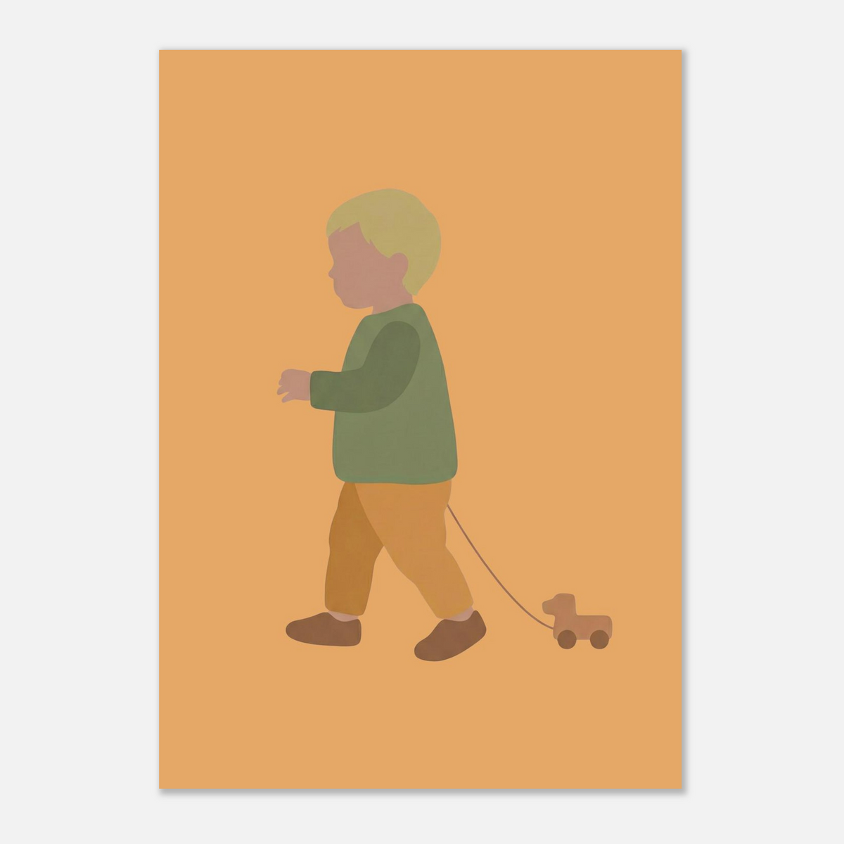 Kunstdruck „Der kleine Weggefährte“: kleiner Junge in Erd- und Olivgrüntönen, 21x29.7 cm