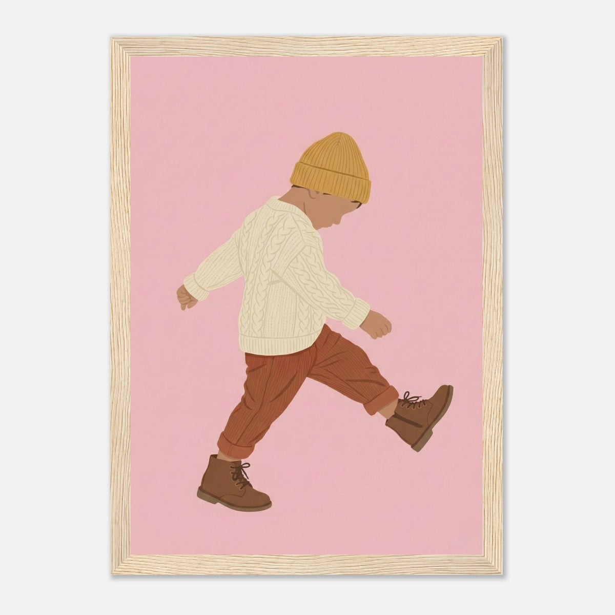 Boho-Kunstdruck „Der kleine Erkunder“: Kleinkind in Erdtönen, Holzrahmen, 21x29.7 cm