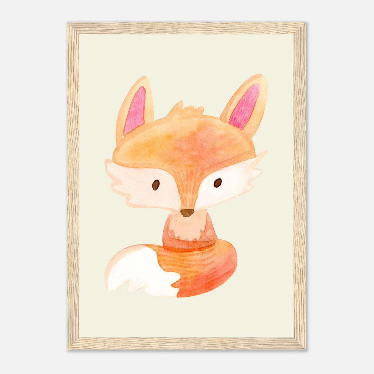 Aquarell-Fuchs in Orange und Pfirsich fürs Kinderzimmer, Holzrahmen, 21x29.7 cm