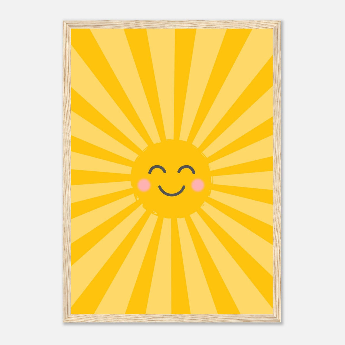 Kinderposter lachende Sonne mit Strahlenkranz in warmen Gelbtönen, Holzrahmen, A3 (29.7 x 42 cm)