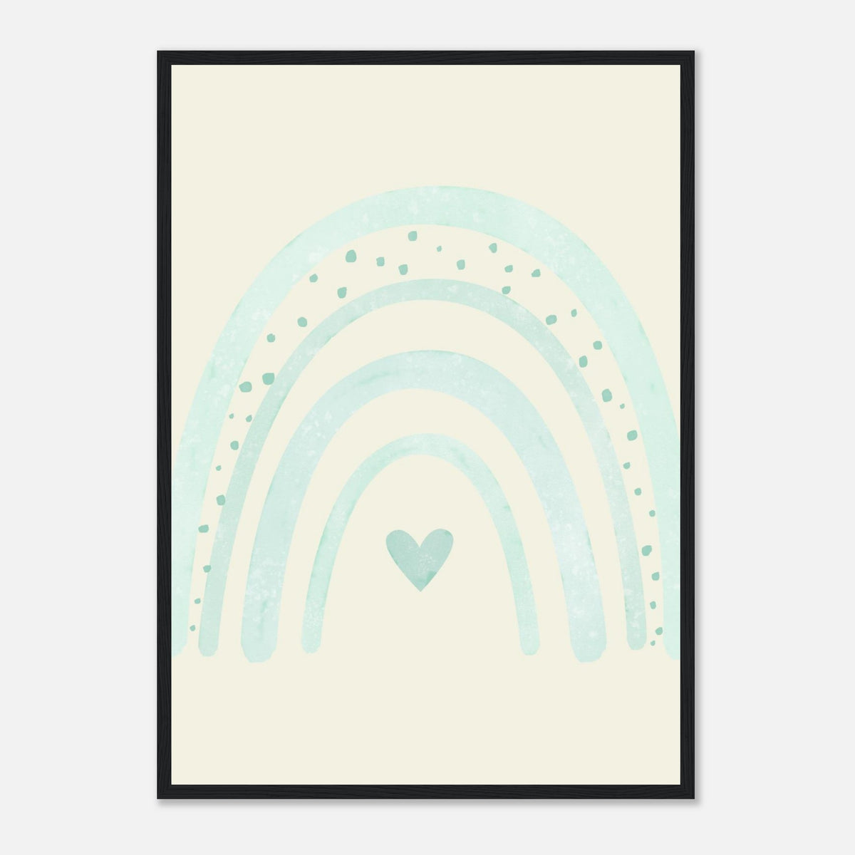 Minimalistischer Regenbogen-Kunstdruck in sanften Blautönen, schwarzer Rahmen, A2 (42 x 59.4 cm)