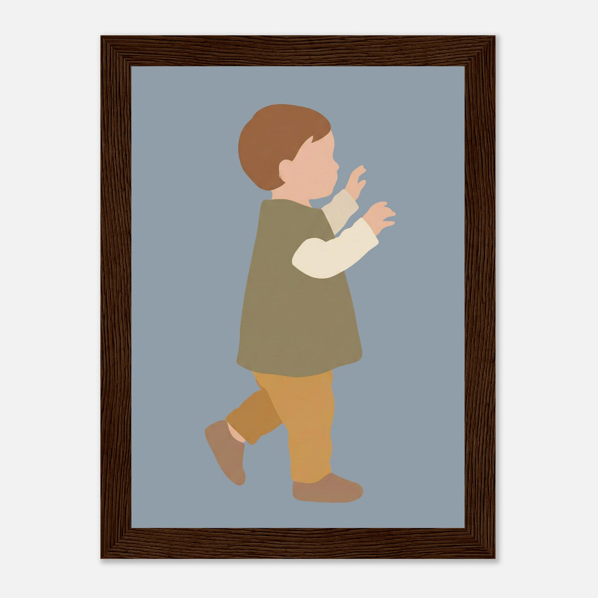 Kinderposter „Erste Schritte“: Kleinkind in Scandi-Erdtönen, dunkler Holzrahmen, 13x18 cm