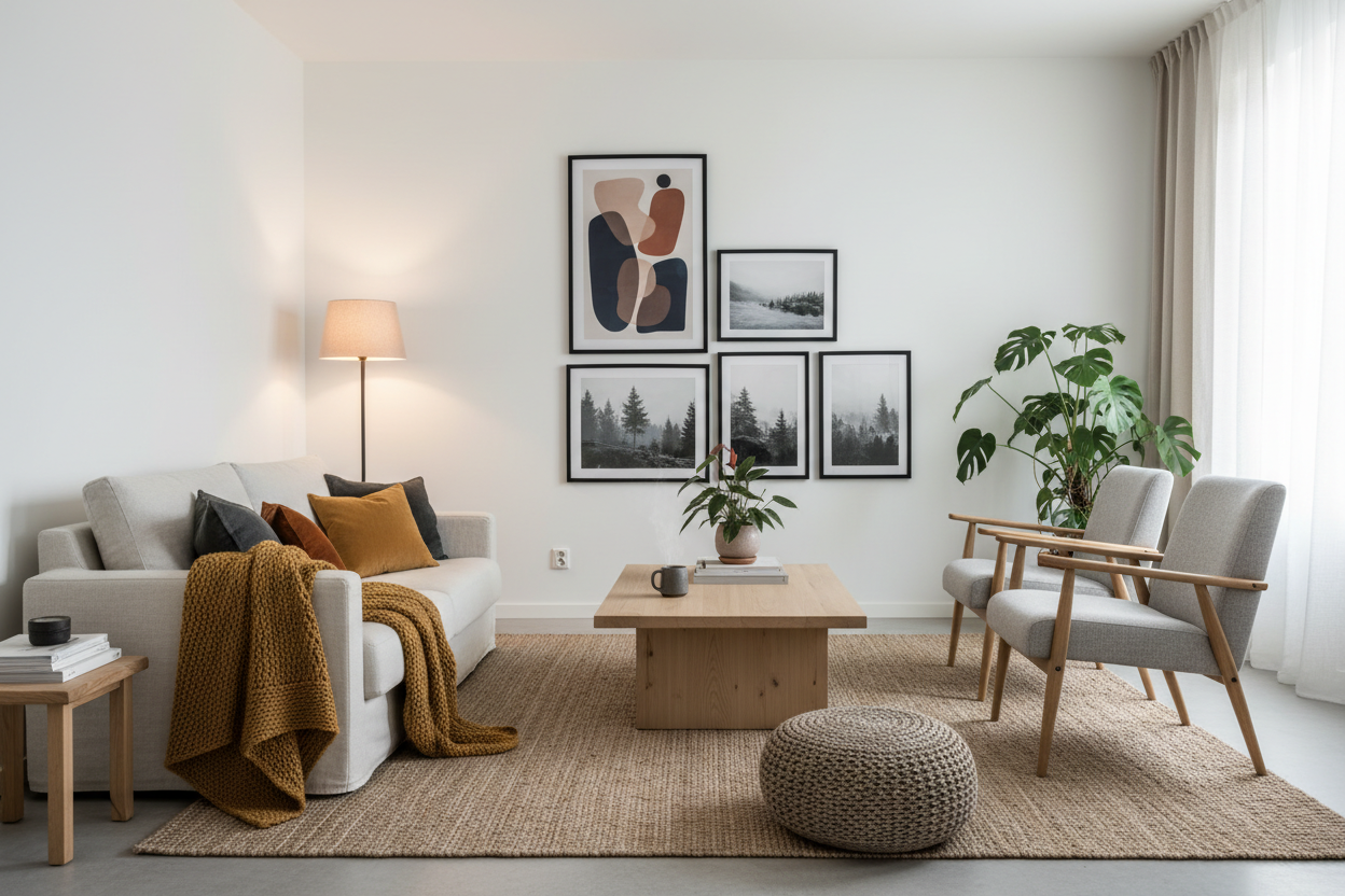 ein gemütliches Wohnzimmer mit stylischen cleanen Bildern