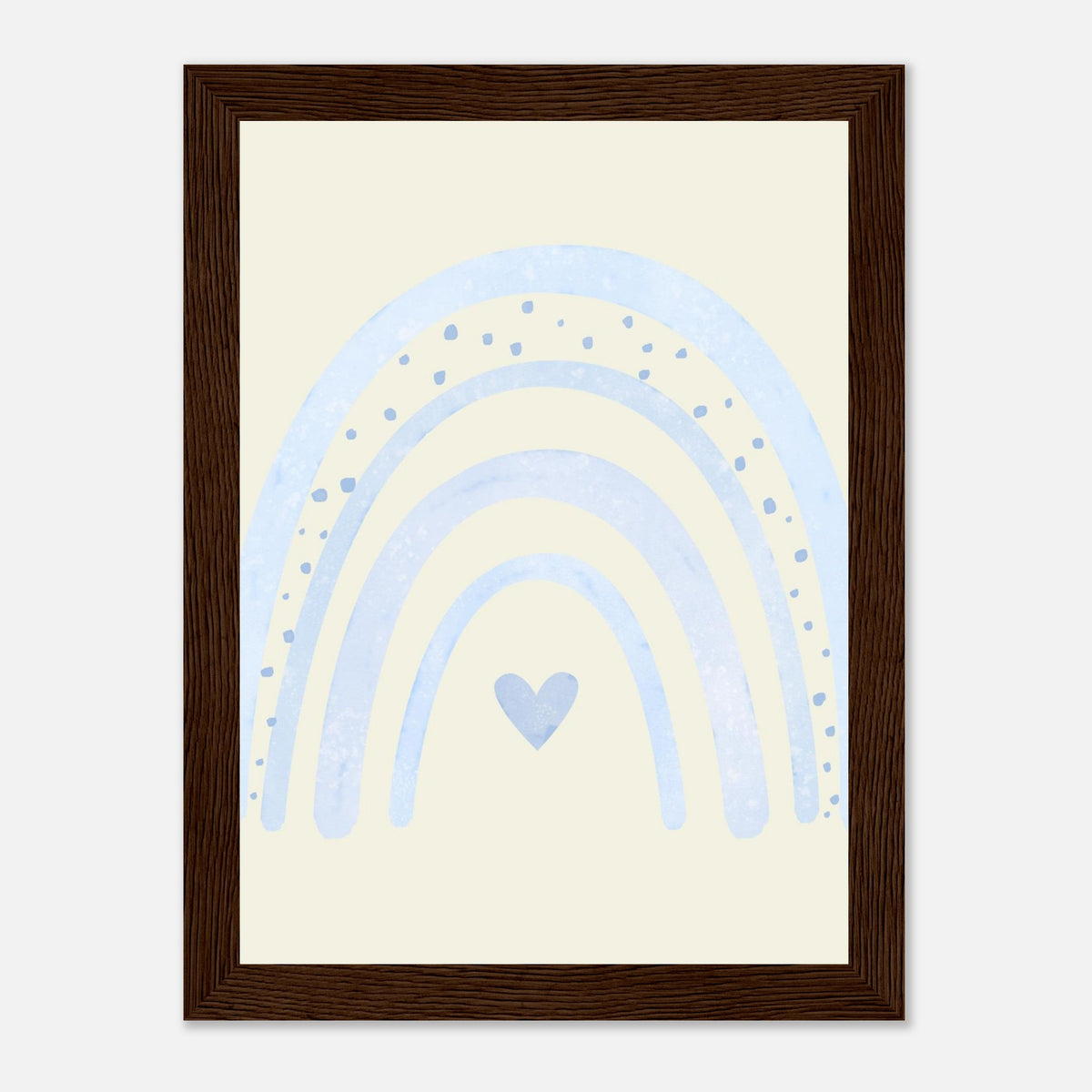 Minimalistischer Regenbogen-Kunstdruck in sanften Blautönen, dunkler Holzrahmen, 13x18 cm