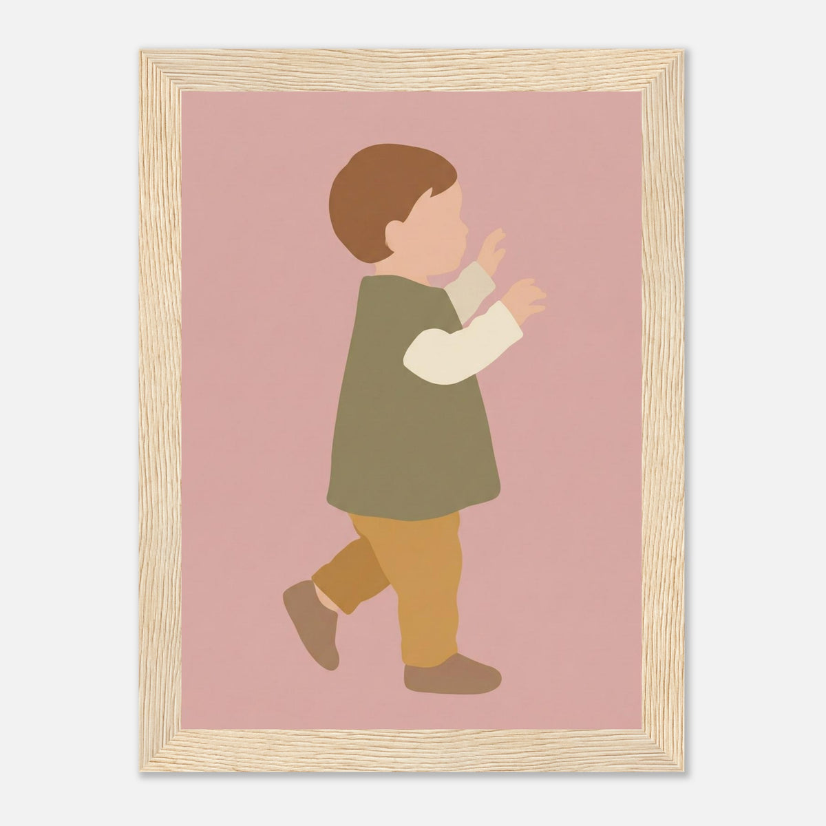 Kinderposter „Erste Schritte“: Kleinkind in Scandi-Erdtönen, Holzrahmen, 13x18 cm