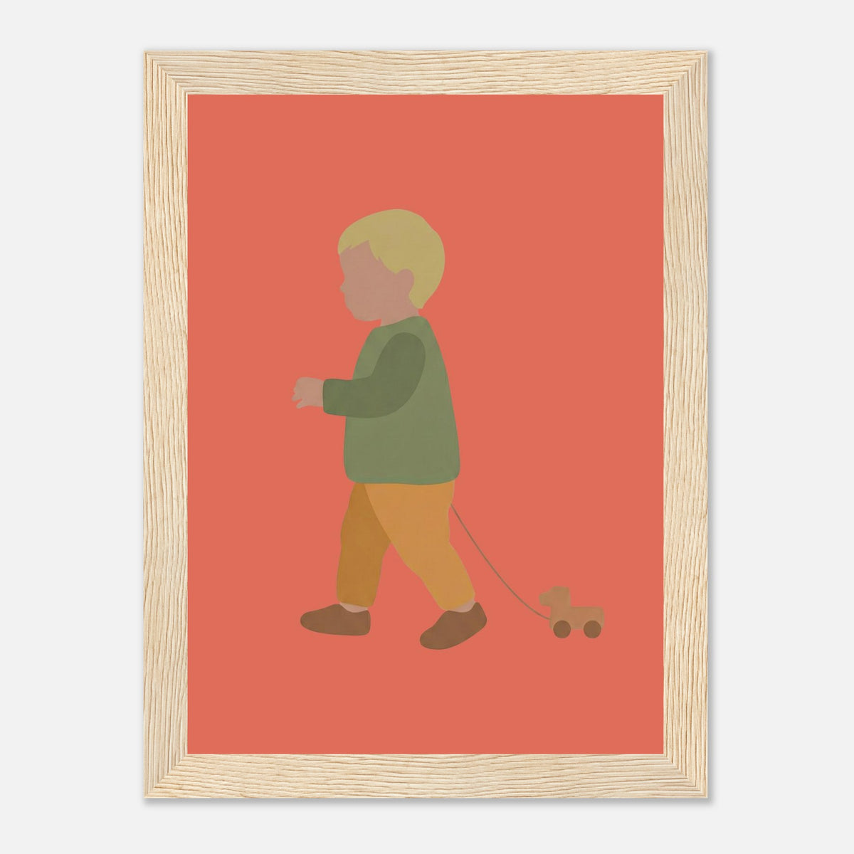 Kunstdruck „Der kleine Weggefährte“: kleiner Junge in Erd- und Olivgrüntönen, Holzrahmen, 13x18 cm