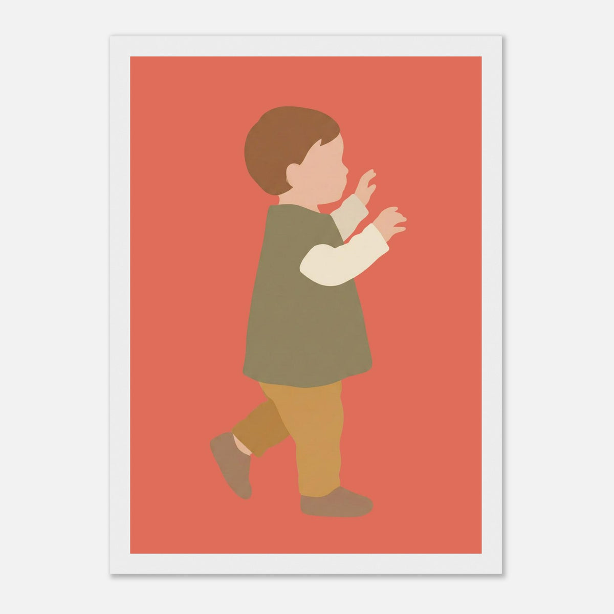 Kinderposter „Erste Schritte“: Kleinkind in Scandi-Erdtönen, weißer Rahmen, 21x29.7 cm