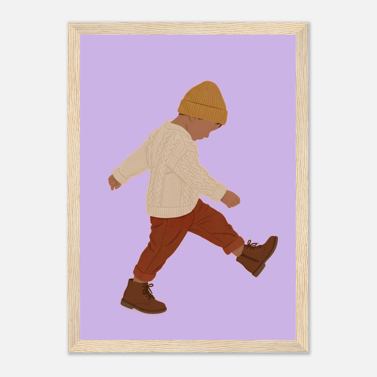 Boho-Kunstdruck „Der kleine Erkunder“: Kleinkind in Erdtönen, Holzrahmen, 21x29.7 cm