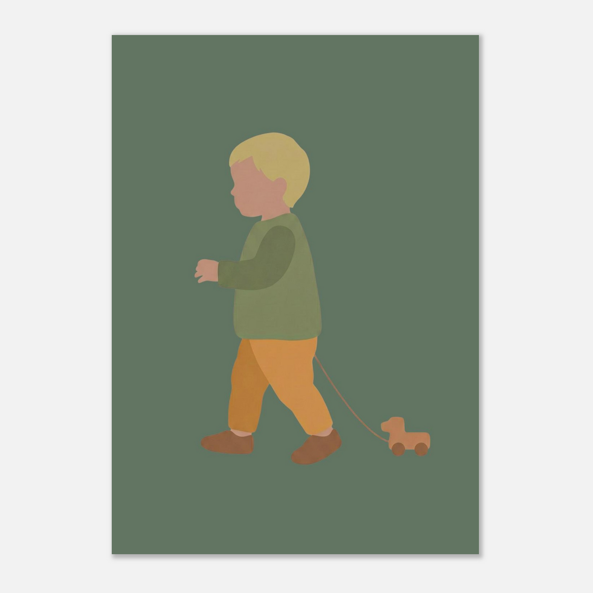 Kunstdruck „Der kleine Weggefährte“: kleiner Junge in Erd- und Olivgrüntönen, 21x29.7 cm