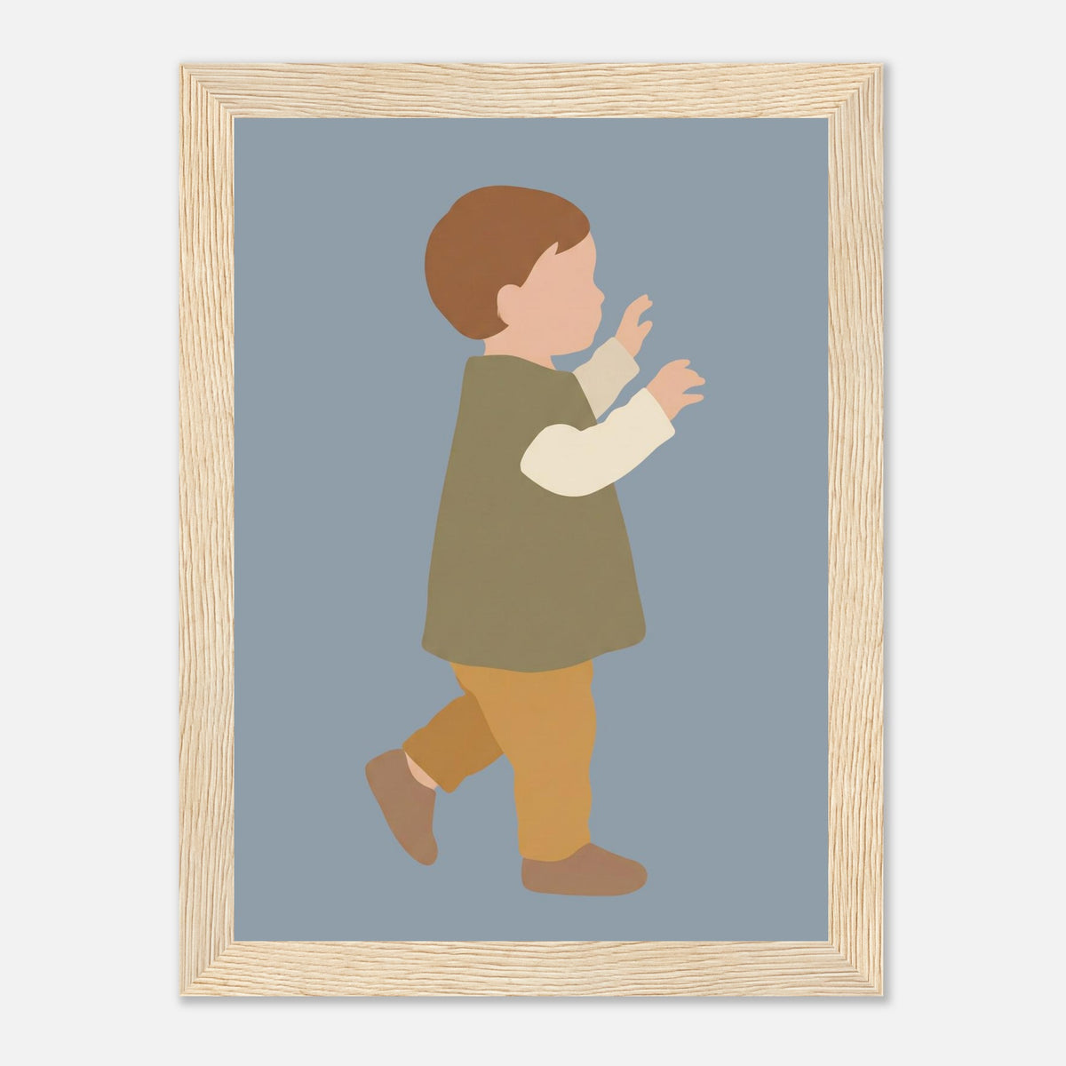 Kinderposter „Erste Schritte“: Kleinkind in Scandi-Erdtönen, Holzrahmen, 13x18 cm