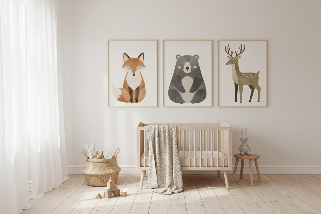 generiere ein skandinavisches Kinderzimmer mit Fokus auf den drei Wandpostern, welche Tiere illustriert.