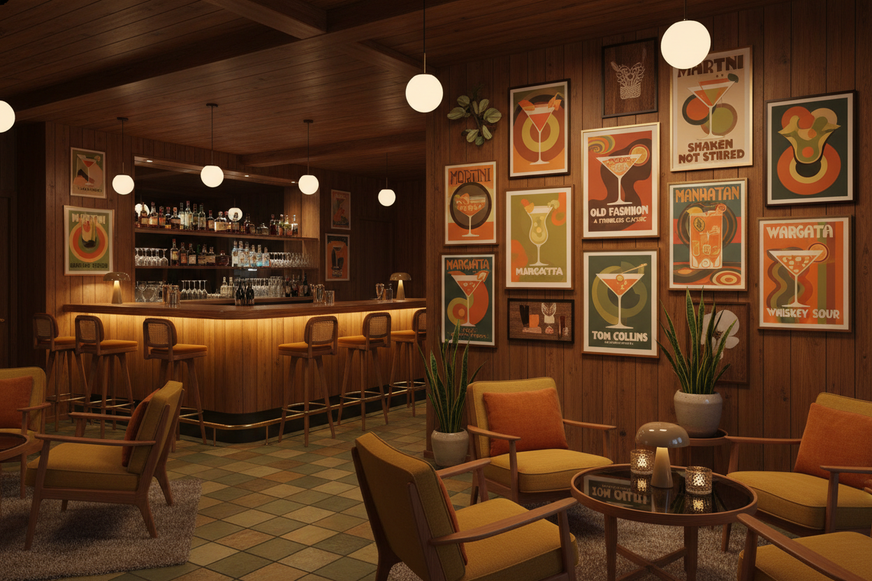 Generiere eine nordische Vintage Bar mit dem 70er Jahre Stil.
Fokus liegt auf den Bildern an der Wand, welche die typischen Getränke Cocktails zeigen